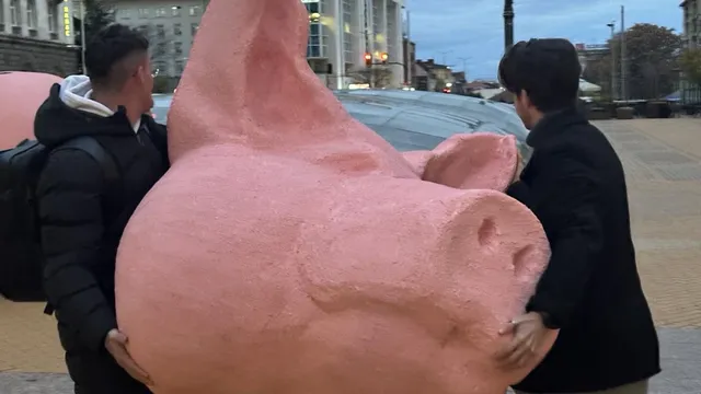 Докато обсъждат Бюджета: Пред парламента поставиха прасе-касичка